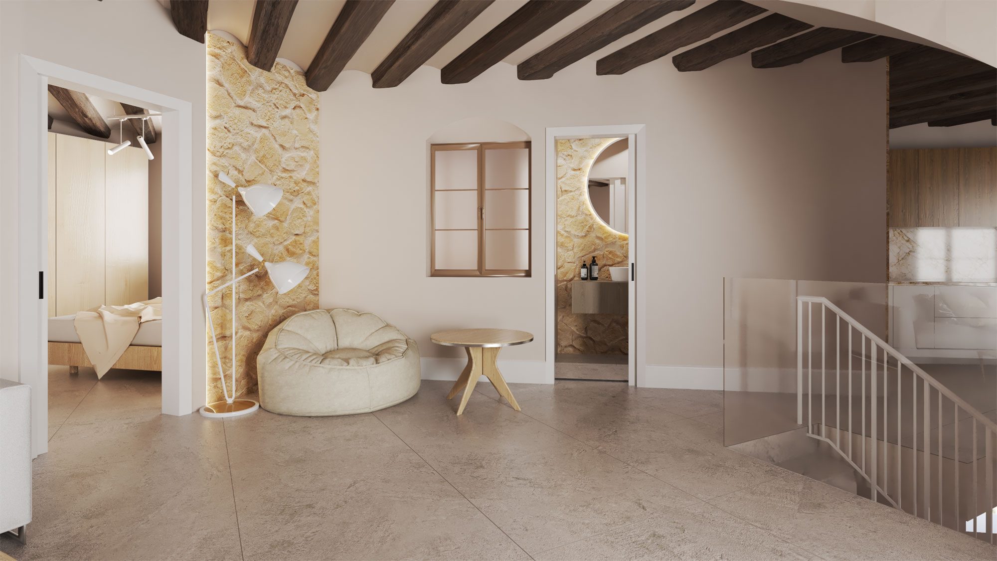 Habitatge rehabilitat per Pasifae Arquitech — mur de pedra i bigues de fusta