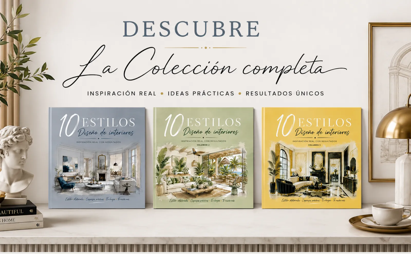 Descubre la colección completa: los tres volúmenes de «10 estilos. Diseño de interiores», en azul, verde y amarillo, sobre una consola de mármol